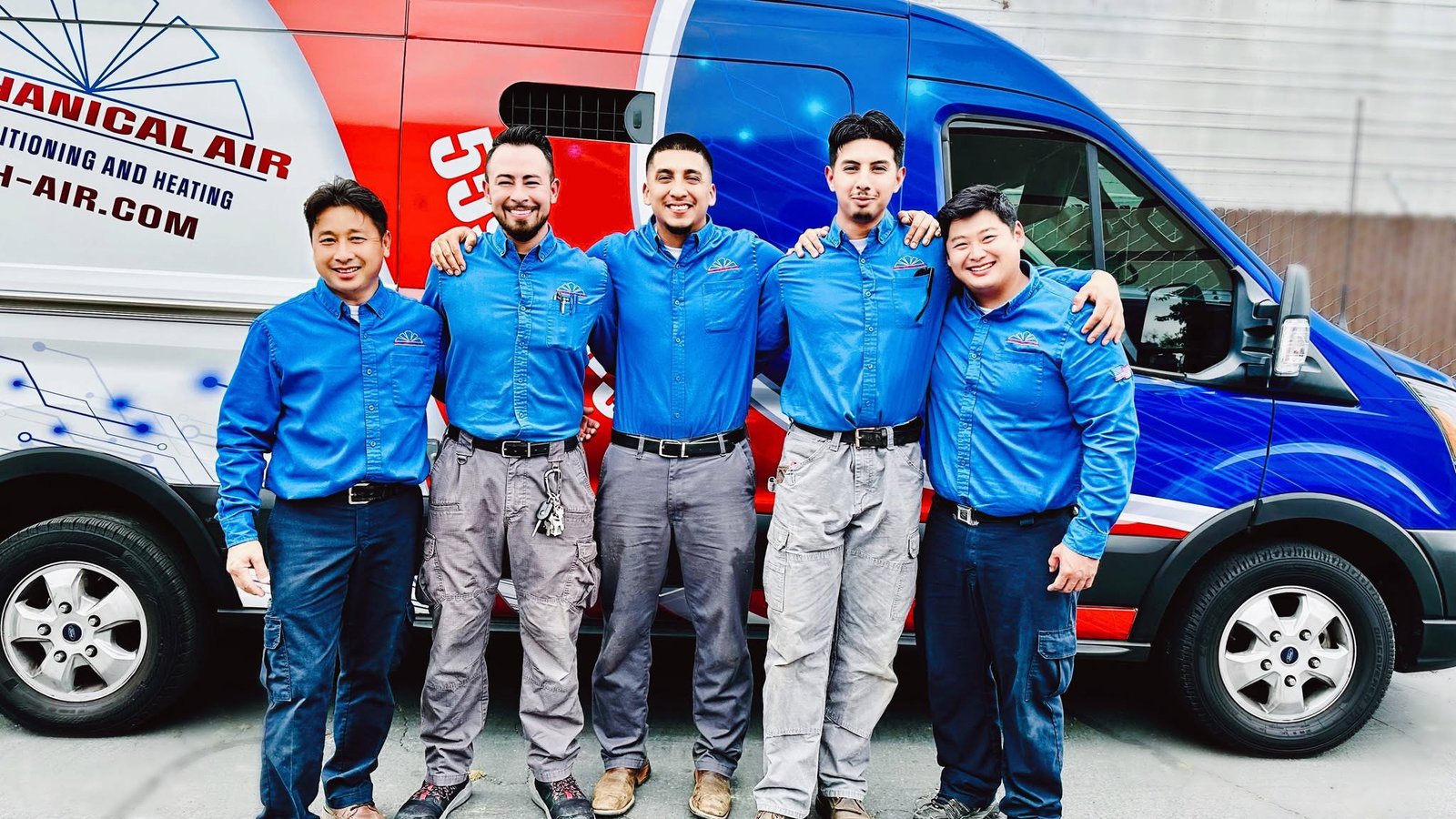 The Mechanical Air technicians in front of a company van in Fresno, California